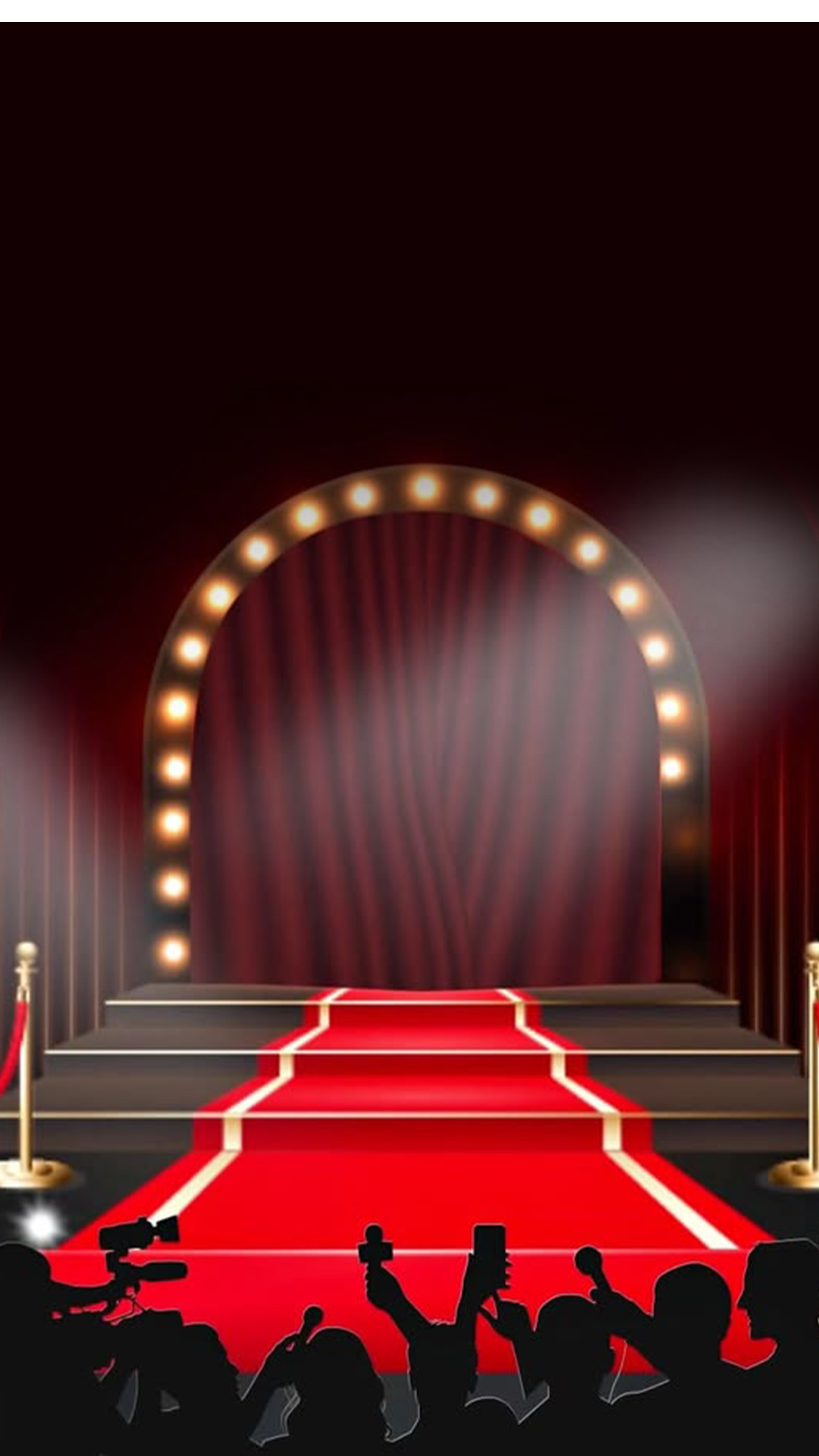 Red carpet runway stage with arch lights and paparazzi silhouettes